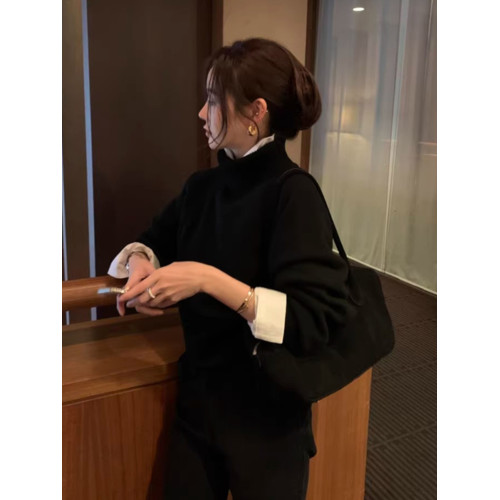 法式高級感黑色浣熊絨高領毛衣女秋冬慵懶內搭打底針織衫上衣加厚 法式高級感黑色浣熊絨高領毛衣女秋冬慵懶內搭打底針織衫上衣加厚