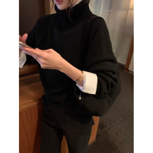 法式高級感黑色浣熊絨高領毛衣女秋冬慵懶內搭打底針織衫上衣加厚 法式高級感黑色浣熊絨高領毛衣女秋冬慵懶內搭打底針織衫上衣加厚