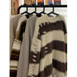 軟糯水貂絨條紋撞色毛衣女秋冬季寬松設計感小衆慵懶風針織衫上衣