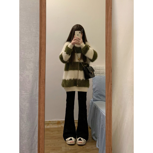 軟糯水貂絨條紋撞色毛衣女秋冬季寬松設計感小衆慵懶風針織衫上衣 軟糯水貂絨條紋撞色毛衣女秋冬季寬松設計感小衆慵懶風針織衫上衣