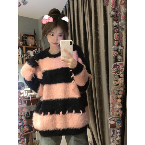 軟糯水貂絨條紋撞色毛衣女秋冬季寬松設計感小衆慵懶風針織衫上衣 軟糯水貂絨條紋撞色毛衣女秋冬季寬松設計感小衆慵懶風針織衫上衣