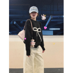 原創毛絨蝴蝶結黑色套頭毛衣女秋冬季慵懶風設計感百搭針織衫上衣