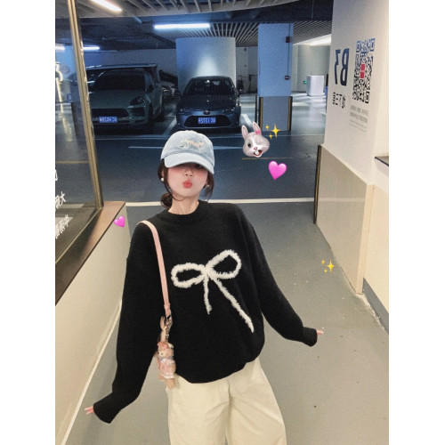 原創毛絨蝴蝶結黑色套頭毛衣女秋冬季慵懶風設計感百搭針織衫上衣
