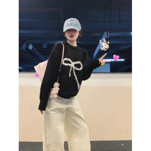原創毛絨蝴蝶結黑色套頭毛衣女秋冬季慵懶風設計感百搭針織衫上衣