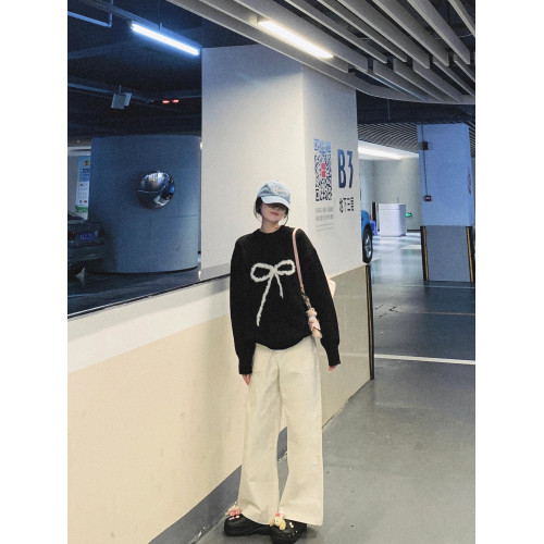 原創毛絨蝴蝶結黑色套頭毛衣女秋冬季慵懶風設計感百搭針織衫上衣