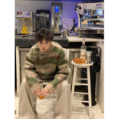 馬海毛撞色條紋拼接毛衣男慵懶風高級感日系復古情侶針織衫外套潮