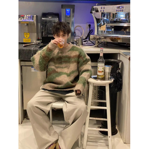 馬海毛撞色條紋拼接毛衣男慵懶風高級感日系復古情侶針織衫外套潮