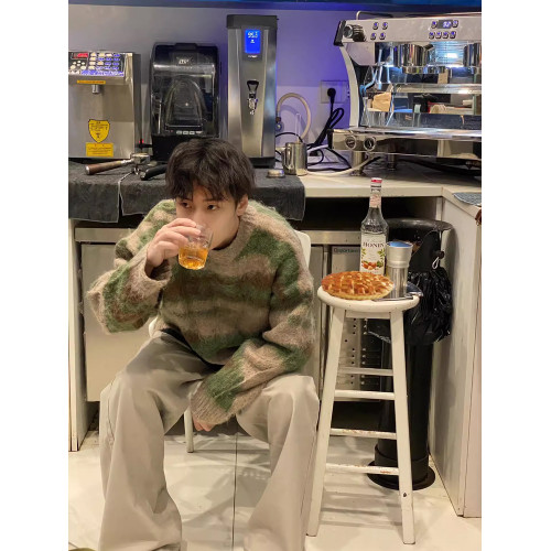 馬海毛撞色條紋拼接毛衣男慵懶風高級感日系復古情侶針織衫外套潮