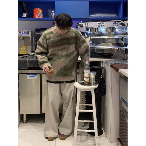 馬海毛撞色條紋拼接毛衣男慵懶風高級感日系復古情侶針織衫外套潮