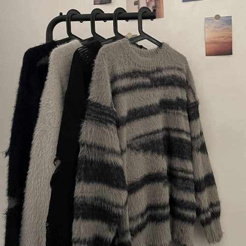 邱細狗QXIGOU圓領毛衣男春季高街潮流條紋設計感休閒針織衫ins