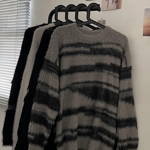 邱細狗QXIGOU圓領毛衣男春季高街潮流條紋設計感休閒針織衫ins