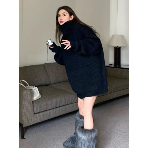 秋冬加厚高級感超好看黑色高領毛衣女寬松慵懶風中長款針織衫內搭