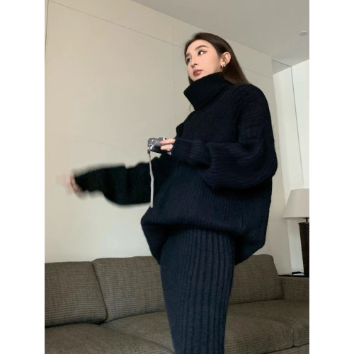 秋冬加厚高級感超好看黑色高領毛衣女寬松慵懶風中長款針織衫內搭