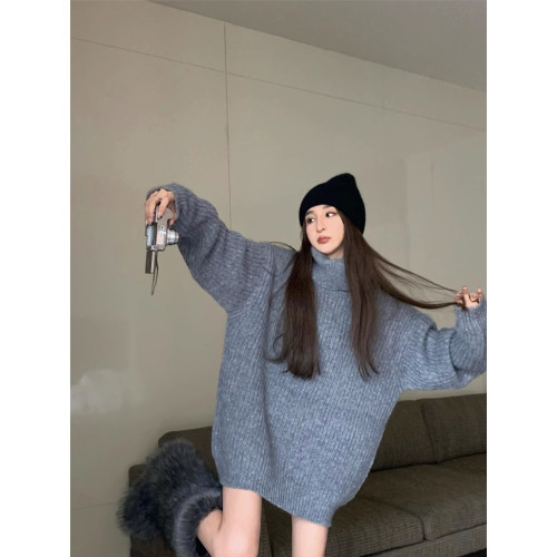 秋冬加厚高級感超好看黑色高領毛衣女寬松慵懶風中長款針織衫內搭