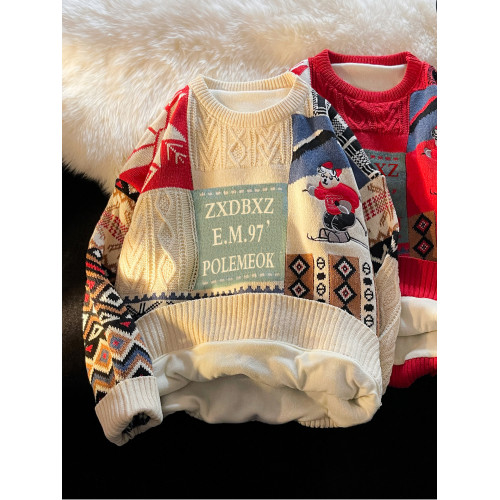 聖誕節毛衣男冬季加絨加厚保暖針織衫ins港風寬松潮流情侶裝線衣