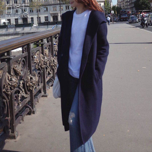 中長款針織衫開衫女秋冬新款連帽寬松大碼百搭毛衣外套加厚大衣