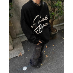 字母毛衣男生套頭針織衫寬松潮流加厚秋冬季長袖圓領衛衣美式復古