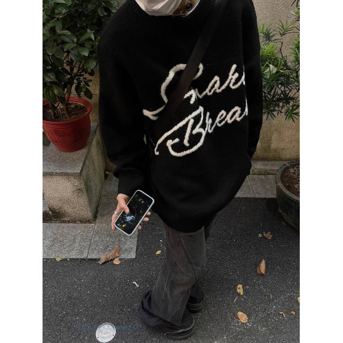 字母毛衣男生套頭針織衫寬松潮流加厚秋冬季長袖圓領衛衣美式復古