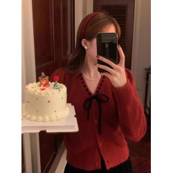 奶fufu紅色蝴蝶結毛衣女秋冬2025新款超好看法式V領內搭針織開衫