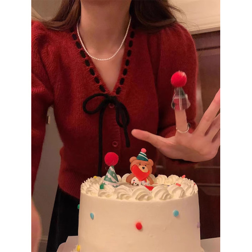 奶fufu紅色蝴蝶結毛衣女秋冬2025新款超好看法式V領內搭針織開衫 奶fufu紅色蝴蝶結毛衣女秋冬2025新款超好看法式V領內搭針織開衫