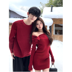 情侶裝2025新款秋冬ins本命年法式一字肩針織連衣裙紅色新年戰袍