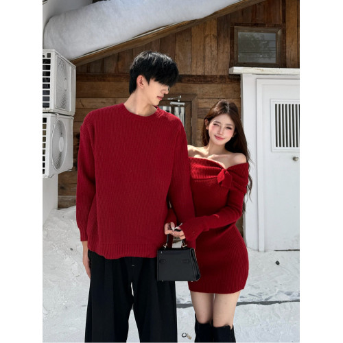 情侶裝2025新款秋冬ins本命年法式一字肩針織連衣裙紅色新年戰袍