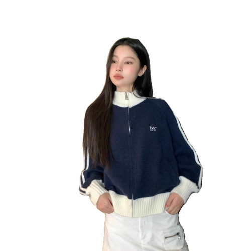美式撞色長袖立領毛衣外套女2025秋冬新款寬松棒球服開衫拉鍊上衣