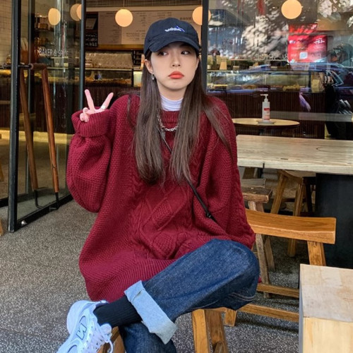 新年紅色復古慵懶洋氣麻花毛衣女秋冬外穿中長款加厚寬松針織上衣 新年紅色復古慵懶洋氣麻花毛衣女秋冬外穿中長款加厚寬松針織上衣