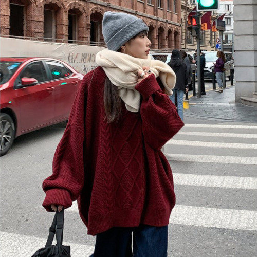 新年紅色復古慵懶洋氣麻花毛衣女秋冬外穿中長款加厚寬松針織上衣 新年紅色復古慵懶洋氣麻花毛衣女秋冬外穿中長款加厚寬松針織上衣