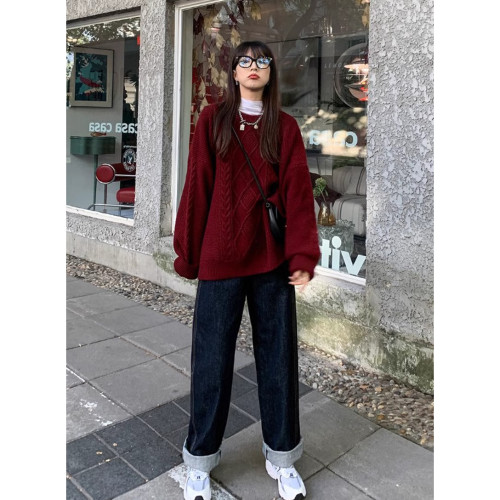 新年紅色復古慵懶洋氣麻花毛衣女秋冬外穿中長款加厚寬松針織上衣 新年紅色復古慵懶洋氣麻花毛衣女秋冬外穿中長款加厚寬松針織上衣