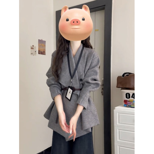 灰色翻領毛衣外套女秋冬2025新款慵懶高級感收腰秋季針織開衫上衣 灰色翻領毛衣外套女秋冬2025新款慵懶高級感收腰秋季針織開衫上衣