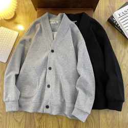 華夫格V領針織毛衣男秋季寬松開衫衛衣日系潮牌情侶休閒紐釦夾克