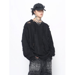 Mz 美式高街不規則破洞流蘇設計毛衣男秋冬寬松慵懶風街頭針織衫