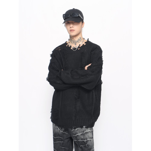 Mz 美式高街不規則破洞流蘇設計毛衣男秋冬寬松慵懶風街頭針織衫