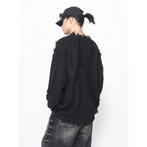 Mz 美式高街不規則破洞流蘇設計毛衣男秋冬寬松慵懶風街頭針織衫