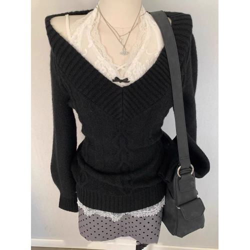 黑色收腰顯瘦v領毛衣女韓系大領口V領露肩設計感長袖針織上衣 黑色收腰顯瘦v領毛衣女韓系大領口V領露肩設計感長袖針織上衣