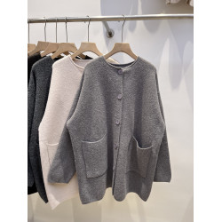 松弛感慵懶風大口袋圓領中長款毛衣外套女秋冬季加厚寬松針織開衫