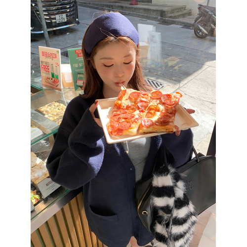 V領復古時髦藏藍色秋冬加厚毛衣外套女寬松慵懶感毛針織開衫