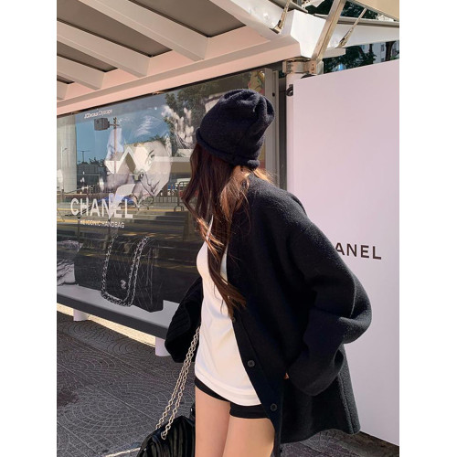 V領復古時髦藏藍色秋冬加厚毛衣外套女寬松慵懶感毛針織開衫