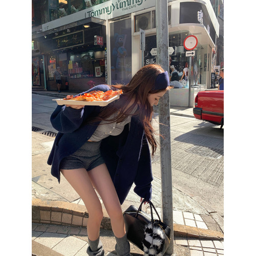 V領復古時髦藏藍色秋冬加厚毛衣外套女寬松慵懶感毛針織開衫