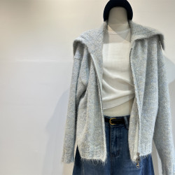 雜色復古大翻領軟糯拉毛毛衣女寬松雙拉鍊加厚針織開衫短外套秋冬