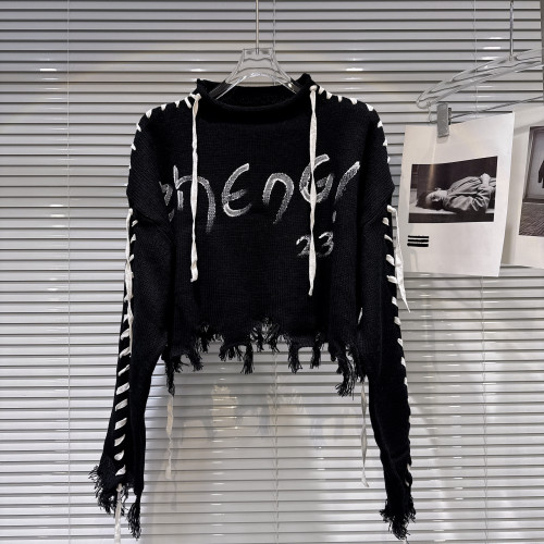 網紅同款2025冬季新款時尚辣妹綁帶袖子字母塗鴉套頭針織毛衣毛衫 網紅同款2025冬季新款時尚辣妹綁帶袖子字母塗鴉套頭針織毛衣毛衫