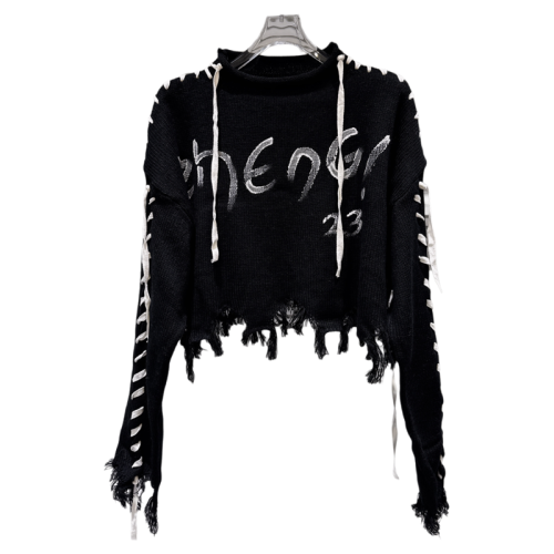 網紅同款2025冬季新款時尚辣妹綁帶袖子字母塗鴉套頭針織毛衣毛衫 網紅同款2025冬季新款時尚辣妹綁帶袖子字母塗鴉套頭針織毛衣毛衫