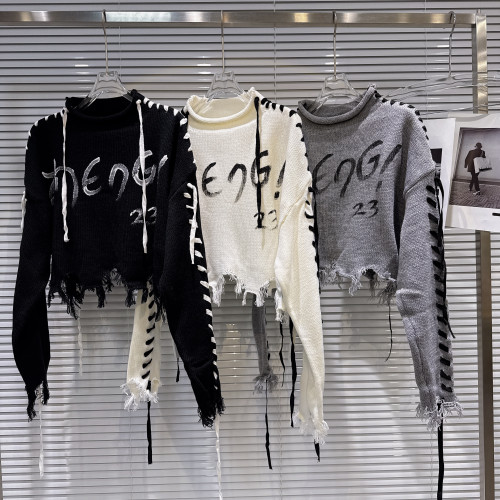 網紅同款2025冬季新款時尚辣妹綁帶袖子字母塗鴉套頭針織毛衣毛衫 網紅同款2025冬季新款時尚辣妹綁帶袖子字母塗鴉套頭針織毛衣毛衫