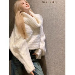 高級感超好看一字肩套頭毛衣女冬季加厚寬松外穿純欲風長袖針織衫