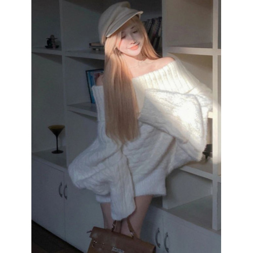 高級感超好看一字肩套頭毛衣女冬季加厚寬松外穿純欲風長袖針織衫