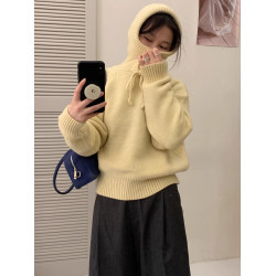 韓系抽繩衛衣毛衣女秋冬裝加厚連帽針織打底衫慵懶風寬松短款上衣