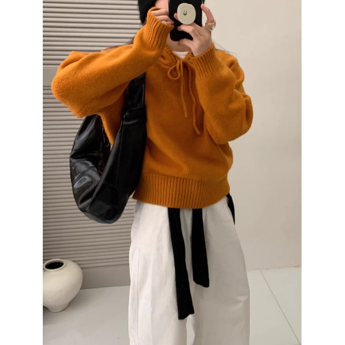 韓系抽繩衛衣毛衣女秋冬裝加厚連帽針織打底衫慵懶風寬松短款上衣