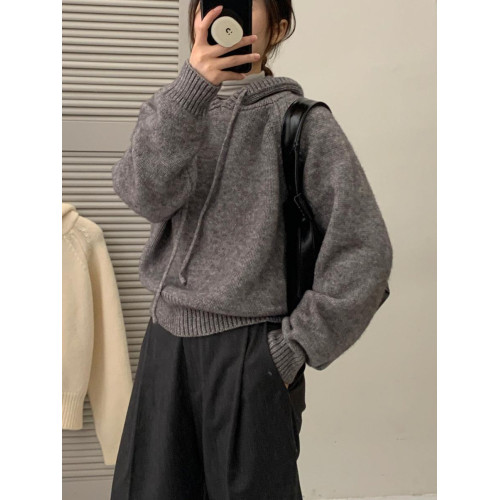 韓系抽繩衛衣毛衣女秋冬裝加厚連帽針織打底衫慵懶風寬松短款上衣