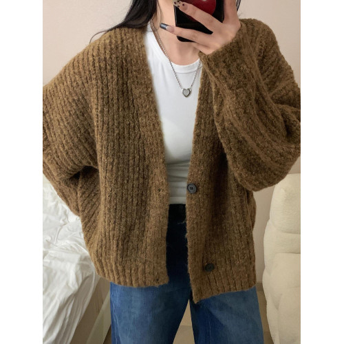 美式慵懶風高級感短寬重磅開衫毛衣男秋冬季休閒粗線針織衫外套潮